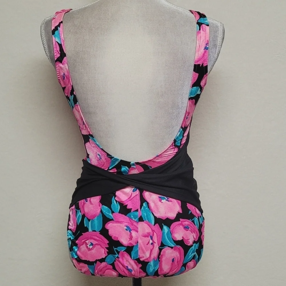 Union Made 70s Vintage Robby Len Pink Rose Half-Belt Low Back One-piece Swimsuit